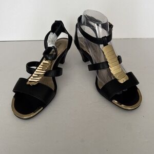 Comfortview Sandals Women 8 WW  Black Gold Tone Accents Strappy‎ Neutral Party